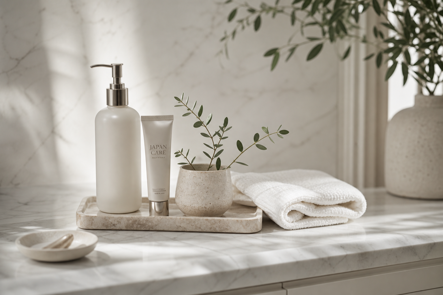 Rituel de soin premium Japan Care sur une vasque en marbre